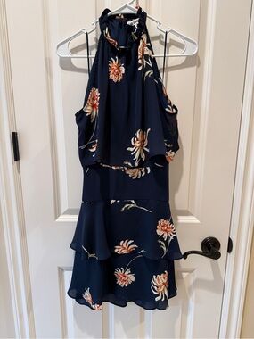 BB Dakota Navy Floral Ruffle Halter Dress